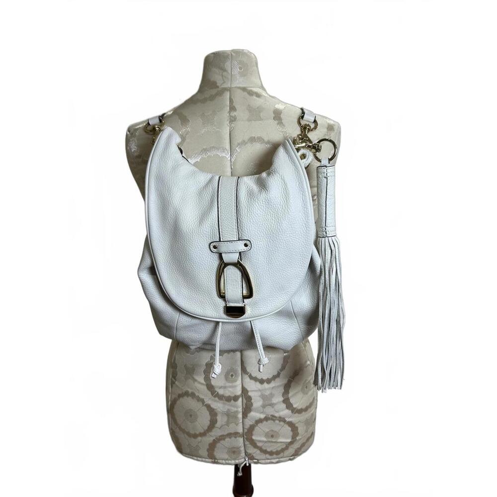 GILI White Genuine Leather Shoulder Bag w Tassel Accent Backpack Handbag Purse